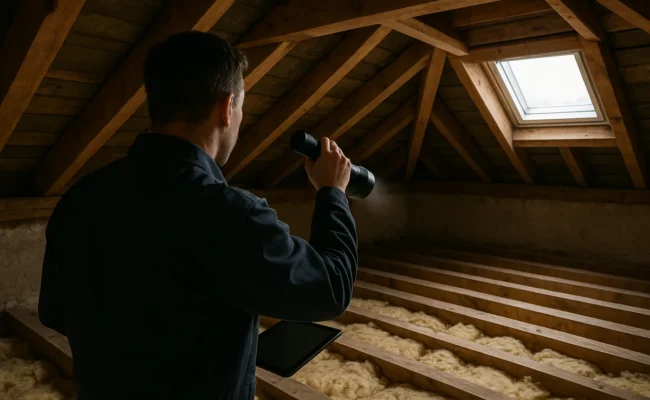 Auditeur énergétique inspectant les combles d'une maison avant une vente