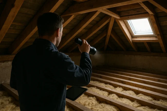 Auditeur énergétique inspectant les combles d'une maison avant une vente