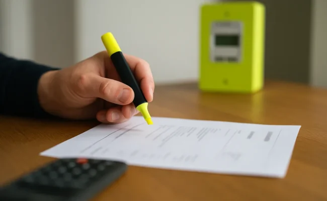 Lecture et vérification d'une facture d'électricité avec un surligneur et une calculatrice