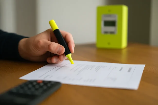 Lecture et vérification d'une facture d'électricité avec un surligneur et une calculatrice