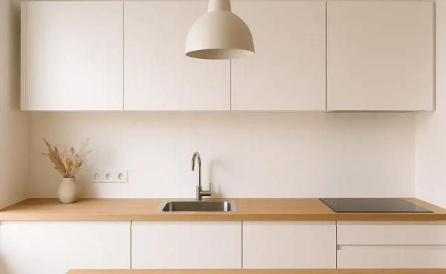 Cuisine avec prises au-dessus du plan de travail, aucune au-dessus de l'évier ni de la plaque