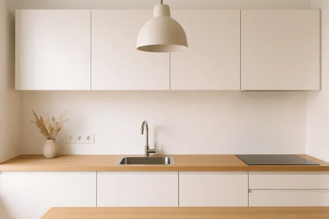 Cuisine avec prises au-dessus du plan de travail, aucune au-dessus de l'évier ni de la plaque