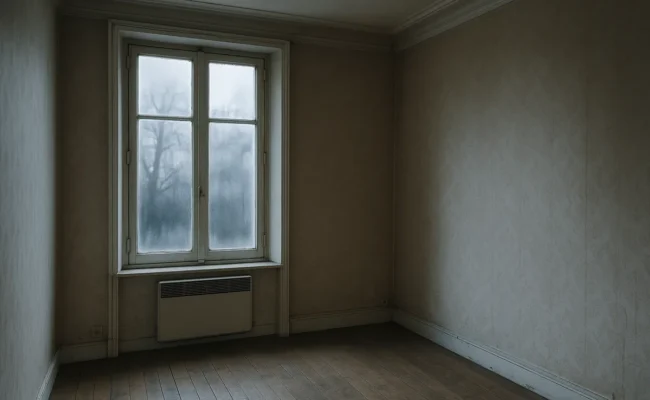 Appartement ancien mal isolé avec fenêtre embuée et vieux radiateur électrique