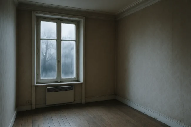 Appartement ancien mal isolé avec fenêtre embuée et vieux radiateur électrique