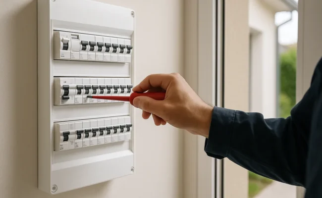 Tableau électrique moderne avec disjoncteurs étiquetés en cours d'installation par un électricien