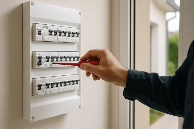 Tableau électrique moderne avec disjoncteurs étiquetés en cours d'installation par un électricien