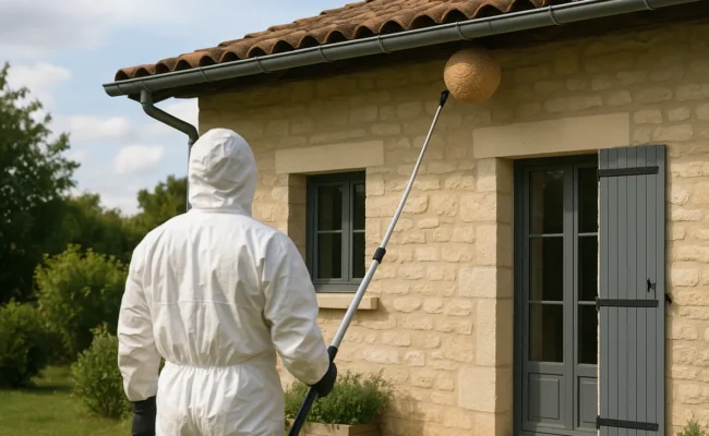 Professionnel avec une perche télescopique devant un nid de frelons sous un avant-toit