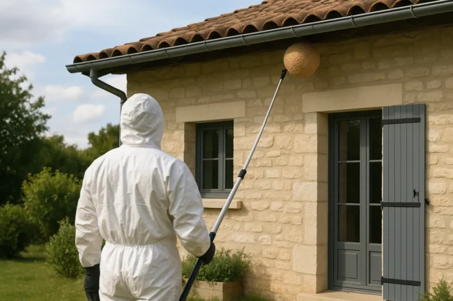 Professionnel avec une perche télescopique devant un nid de frelons sous un avant-toit