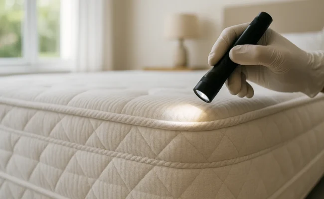 Inspection des coutures d'un matelas à la lampe torche pour repérer des punaises de lit