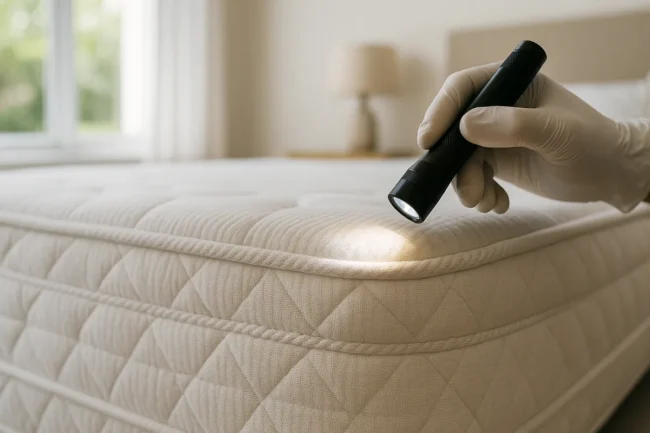 Inspection des coutures d'un matelas à la lampe torche pour repérer des punaises de lit