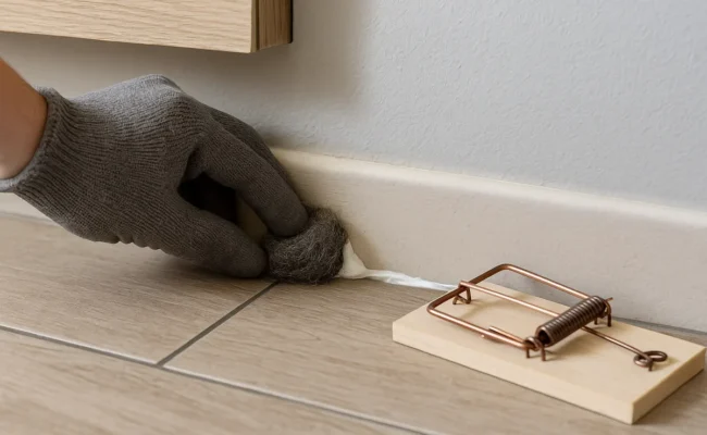 Colmatage d'un trou au ras de la plinthe et piège posé le long du mur contre les souris