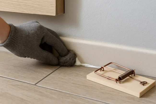Colmatage d'un trou au ras de la plinthe et piège posé le long du mur contre les souris